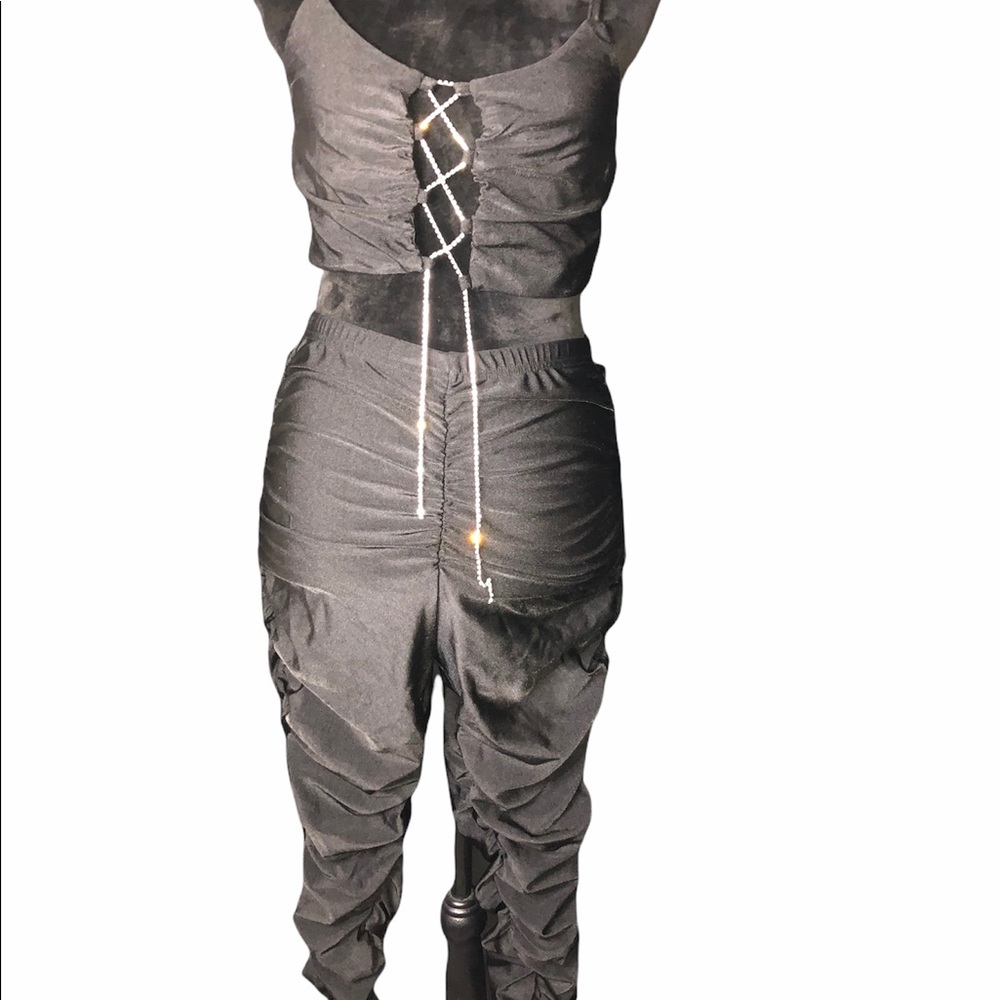 Rhinestone Lace-up Crop Top & Ruched Leggings Set.